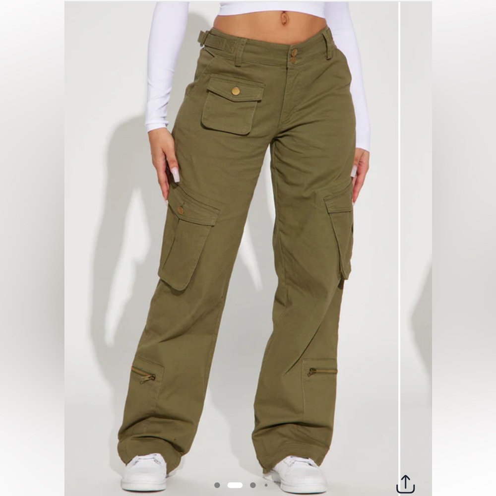 Fashion Nova High Standards Wide Leg Cargo Pants Olive Green Utility - Picture 2 of 12